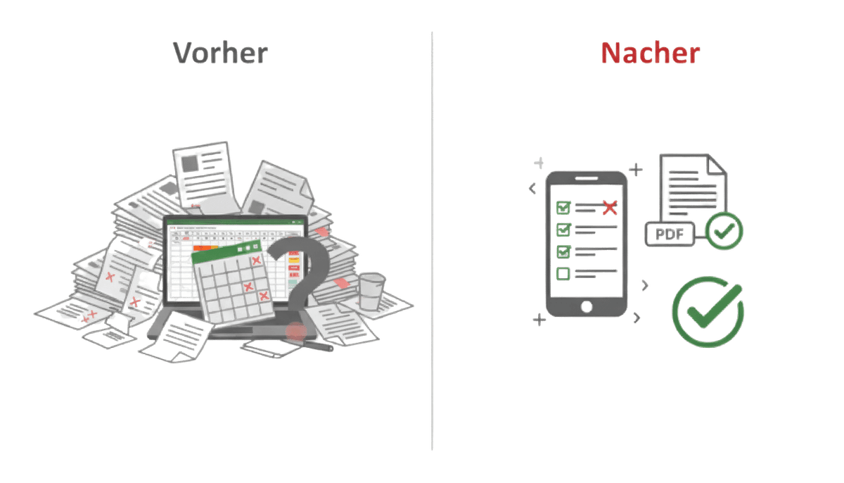 Vorher-Nachher-Vergleich: UVV-Prüfung mit Excel-Listen und Papierformularen gegenüber digitaler Arbeitsmittelprüfung per QR-Code mit DiPA